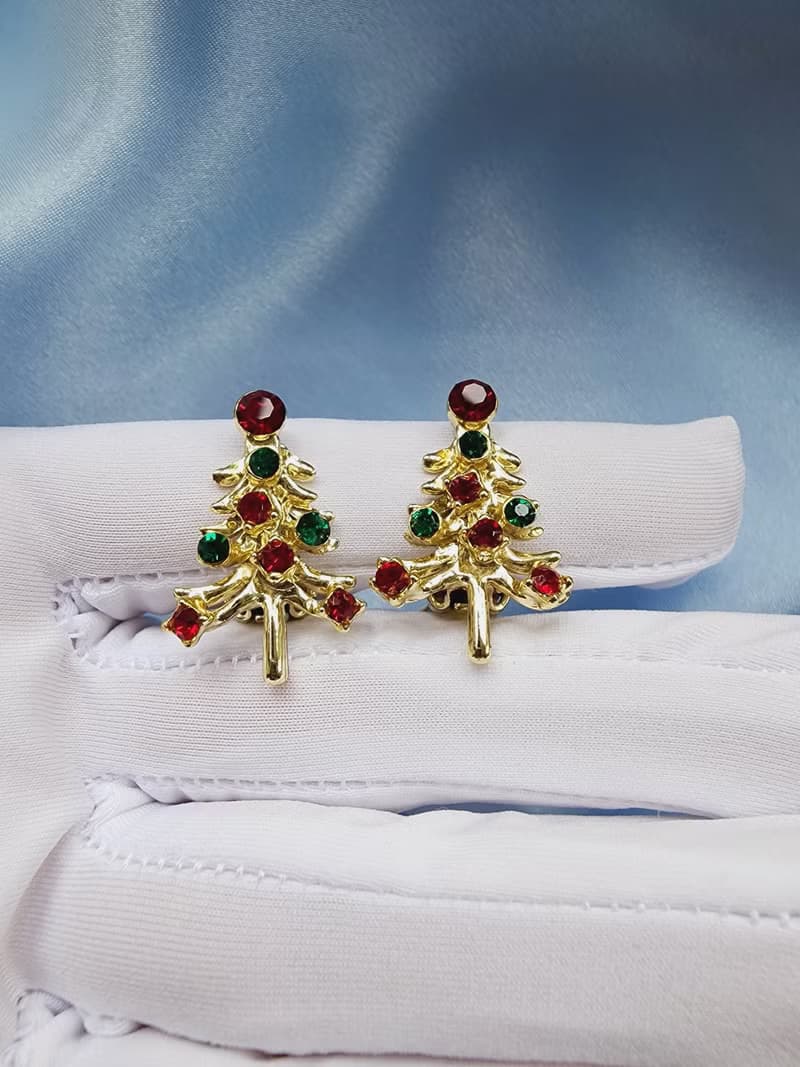 美國西洋古董飾品/ 經典聖誕紅綠萊茵小樹夾式耳環/古著首飾