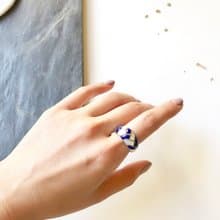 Vintage Mosaic Chevron Pearl & Blue Lapis Silver Dome Ring