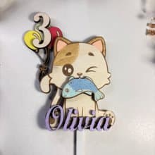 Cat Wood Custom Cake Topper - Hand Painted Birthday Keepsake - Custom Name