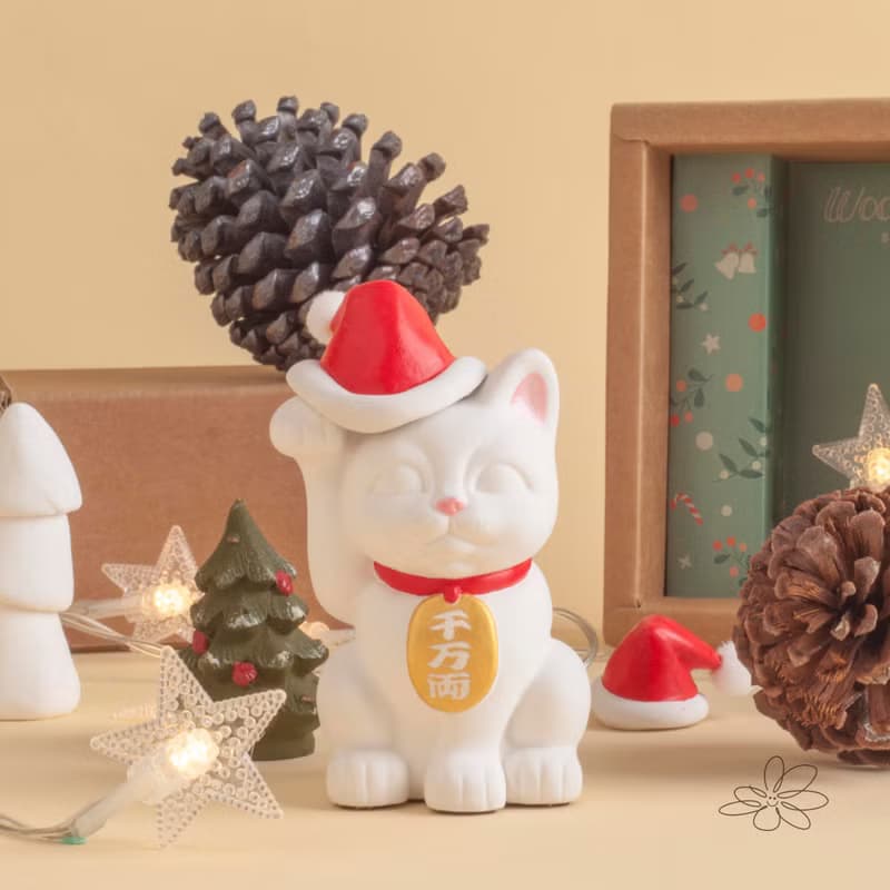 【聖誕節限定禮盒】| woohuang | 水泥材質 | 聖誕帽雪白招財貓