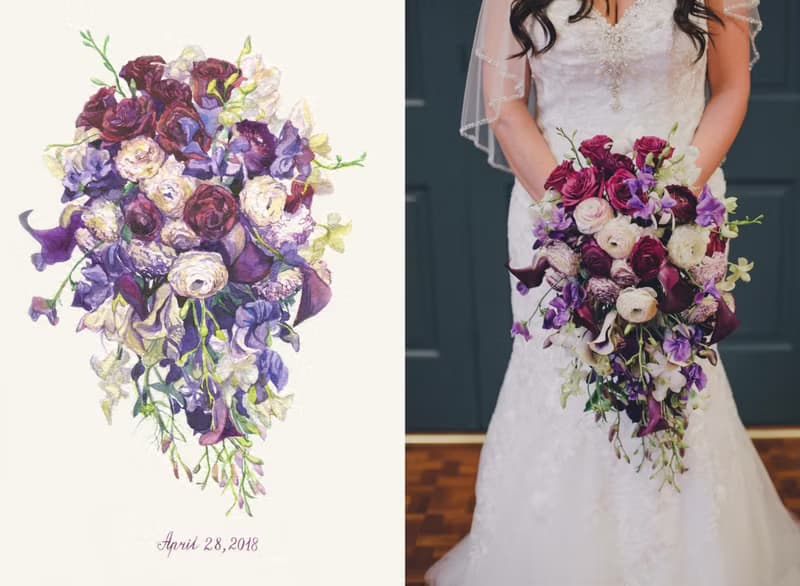 ORIGINAL Custom Wedding Bouquet Painting in Watercolor Bridal flowers portrait