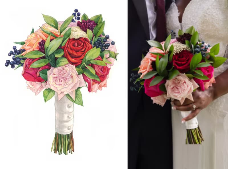 ORIGINAL Custom Wedding Bouquet Painting in Watercolor Bridal flowers portrait