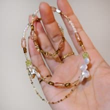 香檳金莎粉色鬱金香琉璃珠 浪漫巴洛克花瓣淡水珍珠 鎖骨鍊CHOKER