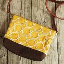 手工縫製托特側肩包帆布手袋 芥黃和風幾何圓形刺繡圖案