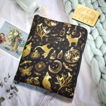 動物系列-美國限量布滿版黑底燙金貓與鳥布L型拉鍊袋電子書保護套