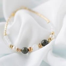 智慧。綠幽靈 月亮石 淡水珍珠 14K包金 天然石 手鍊