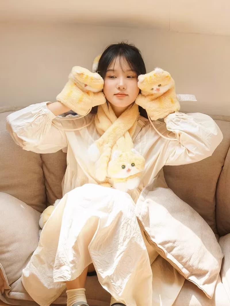 mewji妙吉原創貓咪可愛JK日系少女橘貓圍脖毛絨秋冬圍巾手套挎包