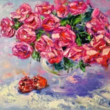 Pomegranate Pink Roses Bouquet Vase Oil Painting Impasto Original Artist Svinar