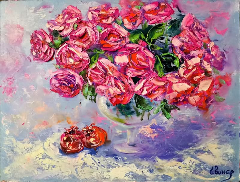 Pomegranate Pink Roses Bouquet Vase Oil Painting Impasto Original Artist Svinar