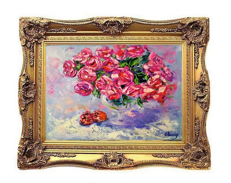Pomegranate Pink Roses Bouquet Vase Oil Painting Impasto Original Artist Svinar