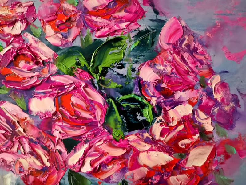 Pomegranate Pink Roses Bouquet Vase Oil Painting Impasto Original Artist Svinar