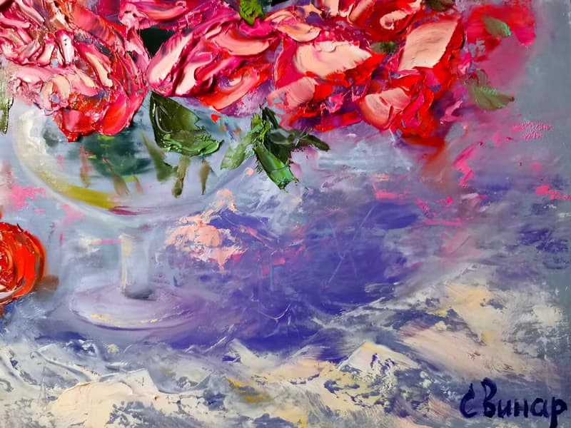 Pomegranate Pink Roses Bouquet Vase Oil Painting Impasto Original Artist Svinar