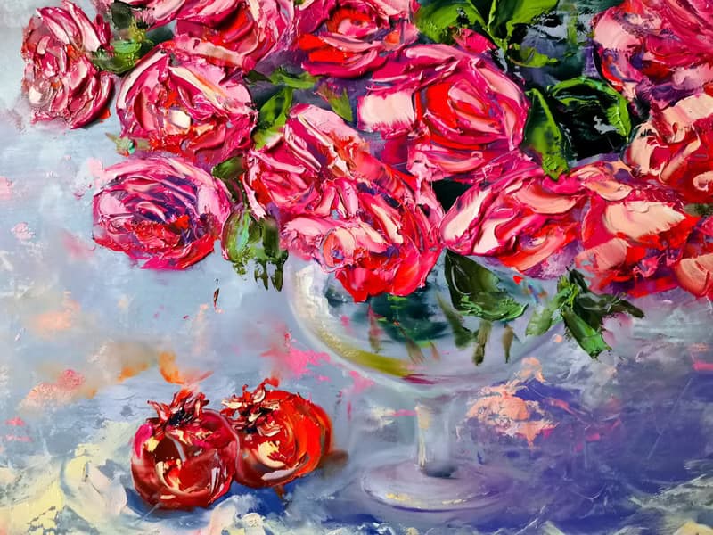 Pomegranate Pink Roses Bouquet Vase Oil Painting Impasto Original Artist Svinar