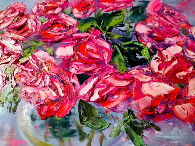 Pomegranate Pink Roses Bouquet Vase Oil Painting Impasto Original Artist Svinar