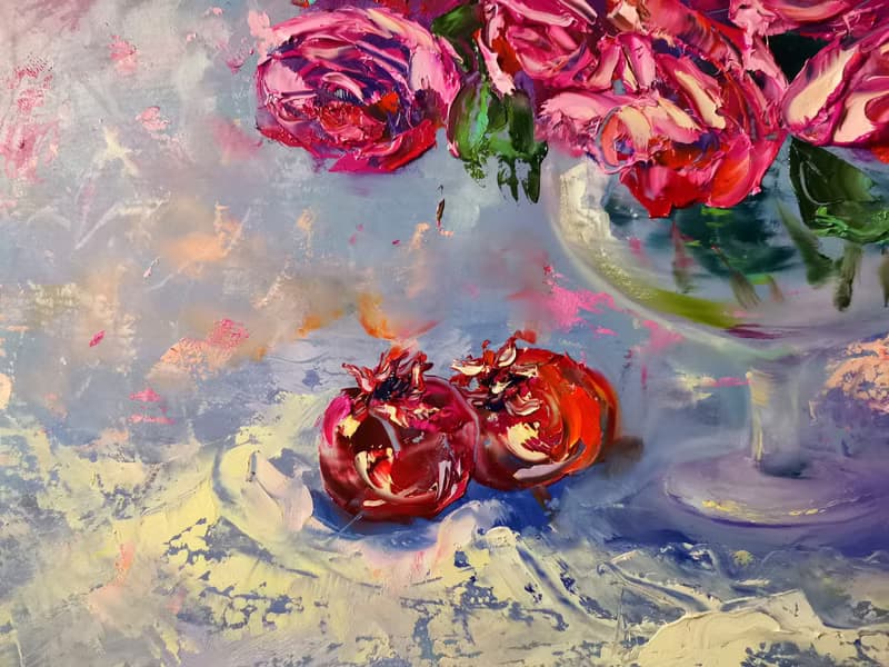 Pomegranate Pink Roses Bouquet Vase Oil Painting Impasto Original Artist Svinar