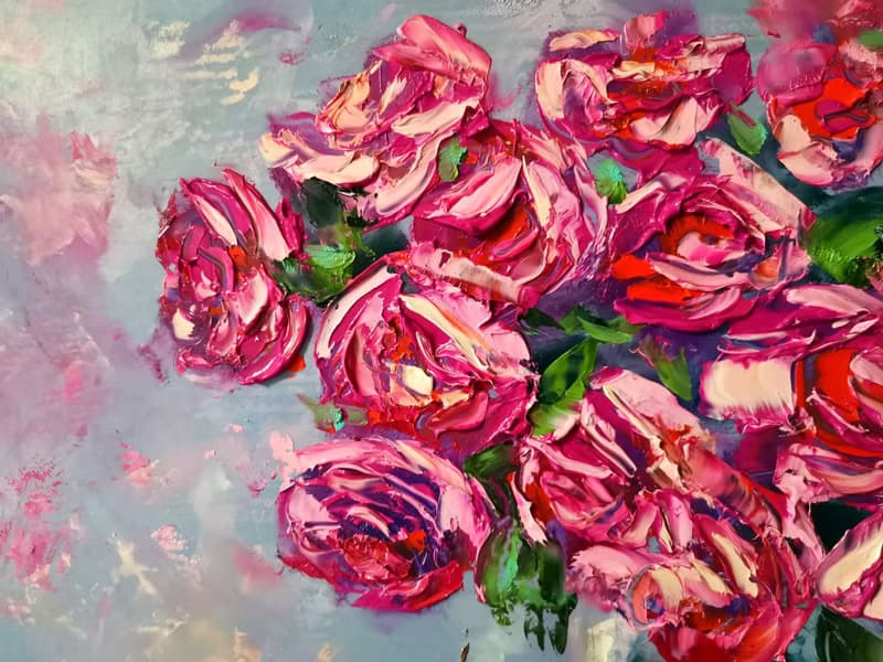 Pomegranate Pink Roses Bouquet Vase Oil Painting Impasto Original Artist Svinar