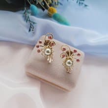 美國西洋古董飾品 / 粉色萊茵人造灰珍珠花束夾式耳環 復古首飾