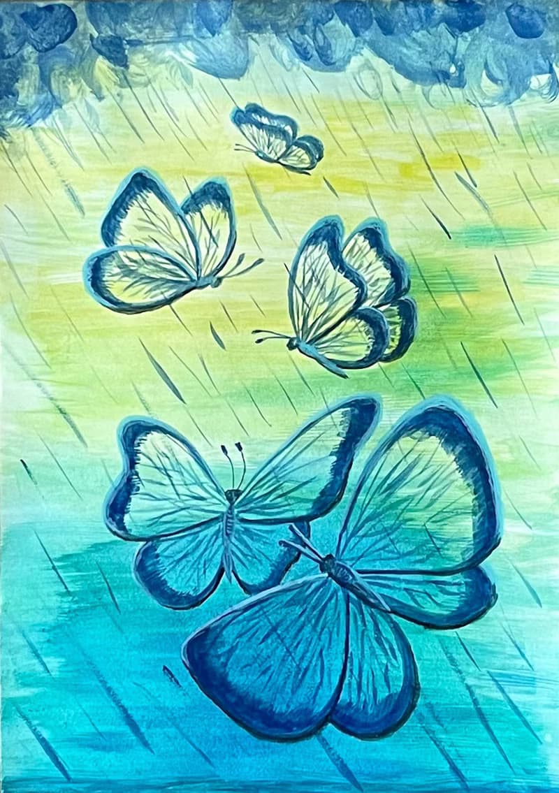 Transparent butterflies under a cheerful summer rain.