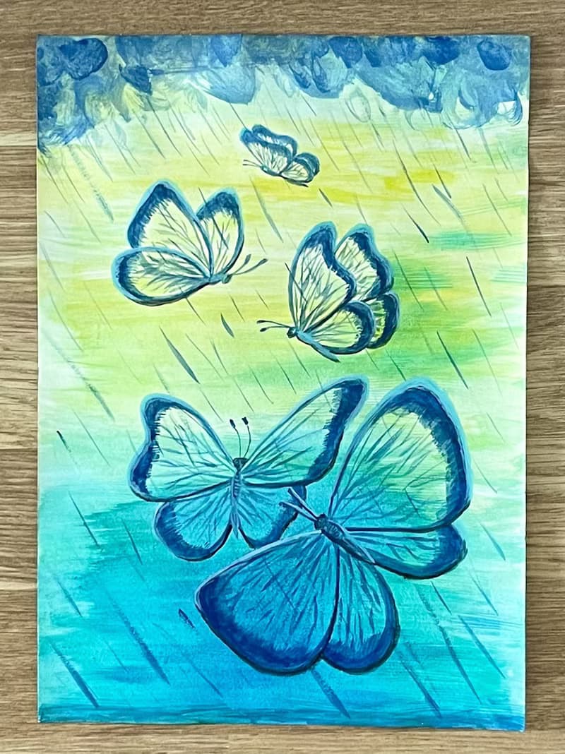 Transparent butterflies under a cheerful summer rain.