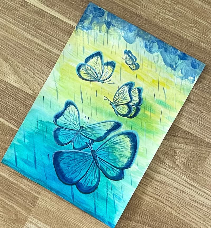 Transparent butterflies under a cheerful summer rain.