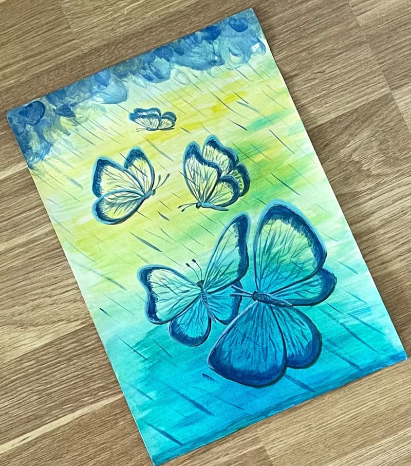 Transparent butterflies under a cheerful summer rain.