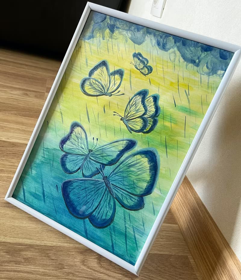 Transparent butterflies under a cheerful summer rain.