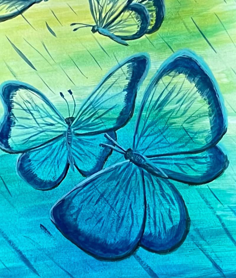 Transparent butterflies under a cheerful summer rain.