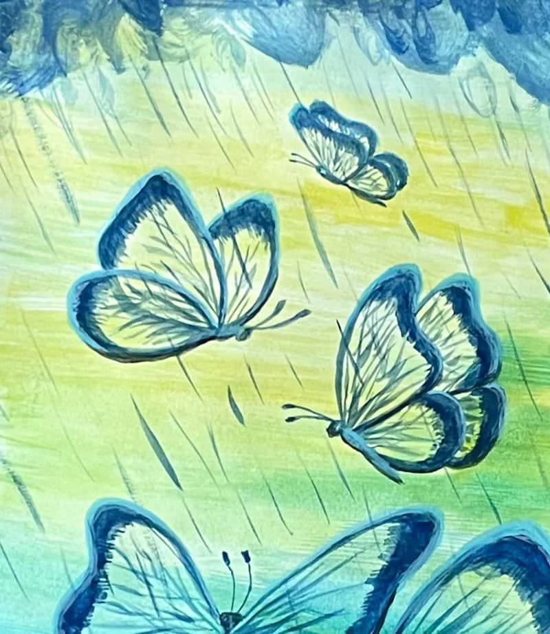 Transparent butterflies under a cheerful summer rain.