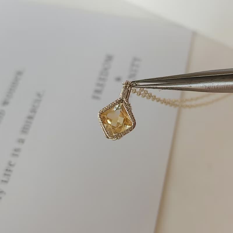 菱形刻面黃水晶吊墜 切面天然方形黃水晶項鍊 手工純銀水晶項鍊