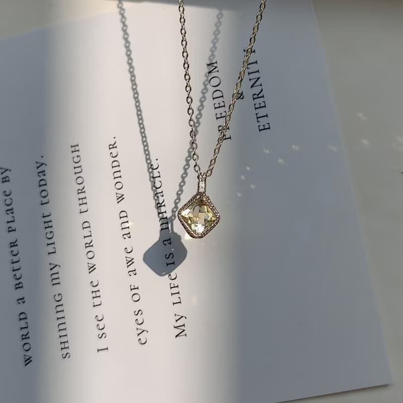 菱形刻面黃水晶吊墜 切面天然方形黃水晶項鍊 手工純銀水晶項鍊