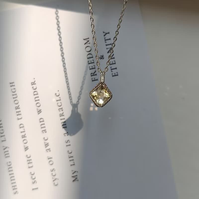 菱形刻面黃水晶吊墜 切面天然方形黃水晶項鍊 手工純銀水晶項鍊