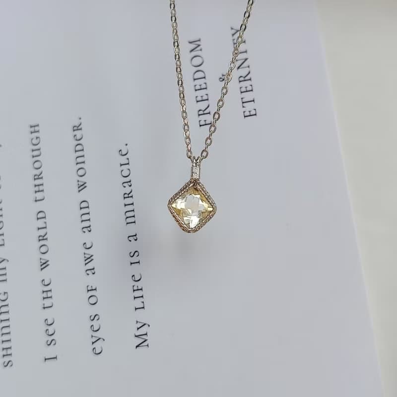 菱形刻面黃水晶吊墜 切面天然方形黃水晶項鍊 手工純銀水晶項鍊