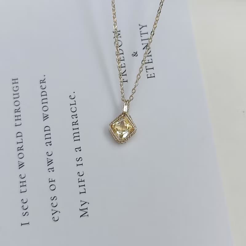 菱形刻面黃水晶吊墜 切面天然方形黃水晶項鍊 手工純銀水晶項鍊