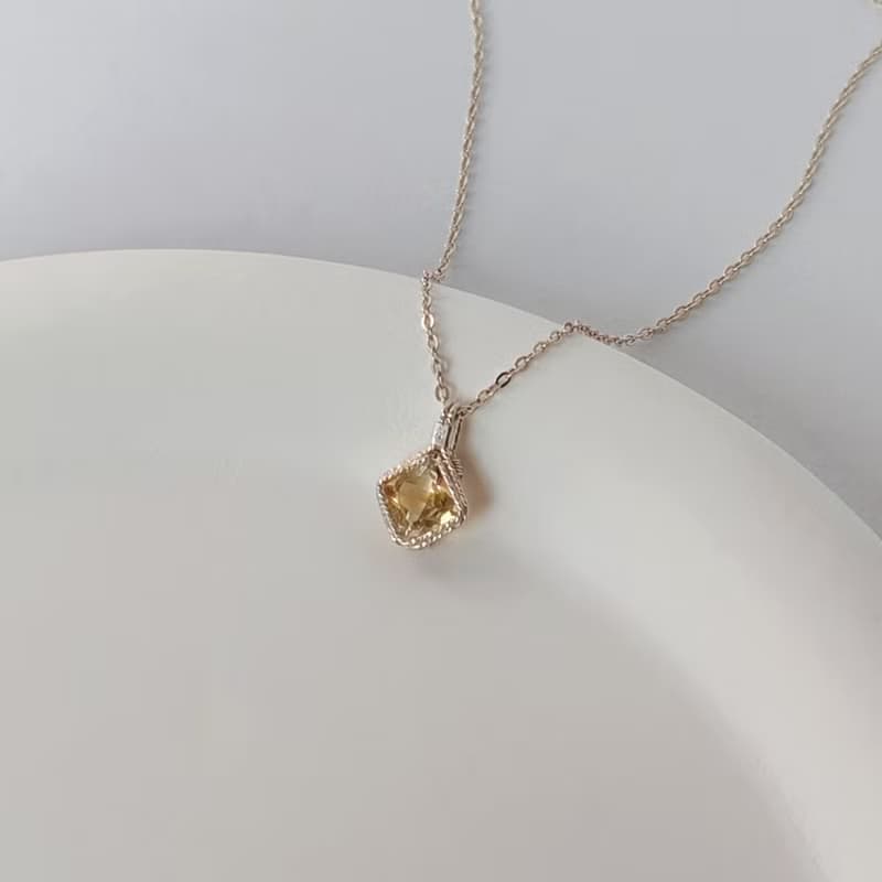 菱形刻面黃水晶吊墜 切面天然方形黃水晶項鍊 手工純銀水晶項鍊