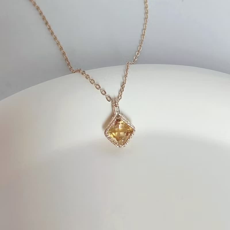 菱形刻面黃水晶吊墜 切面天然方形黃水晶項鍊 手工純銀水晶項鍊