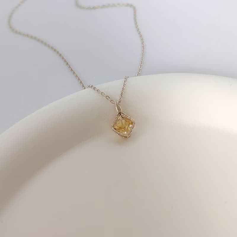 菱形刻面黃水晶吊墜 切面天然方形黃水晶項鍊 手工純銀水晶項鍊