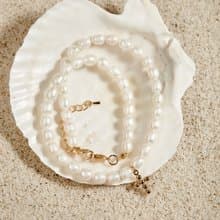 天然白色珍珠十字項鍊 6–7mm 金色吊墜 簡約典雅 紀念日禮物