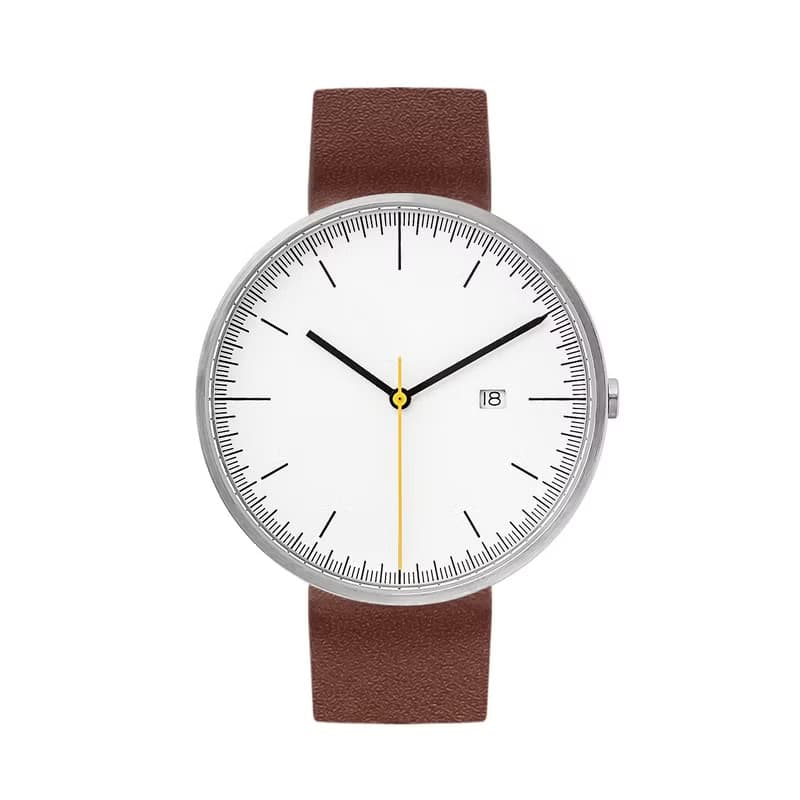 BIJOUONE彼樹灣B202銀色表殼白色表盤棕色真皮表帶男款手錶