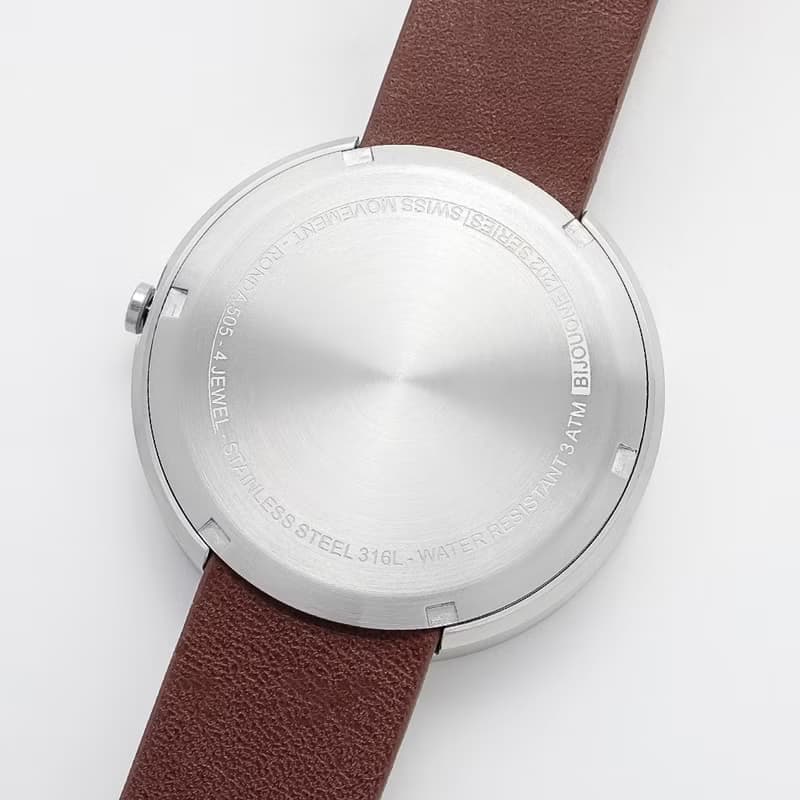 BIJOUONE彼樹灣B202銀色表殼白色表盤棕色真皮表帶男款手錶