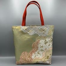着物 帯 帯締め ハンドメイド トートバッグ リメイク 緑 金 ピンク