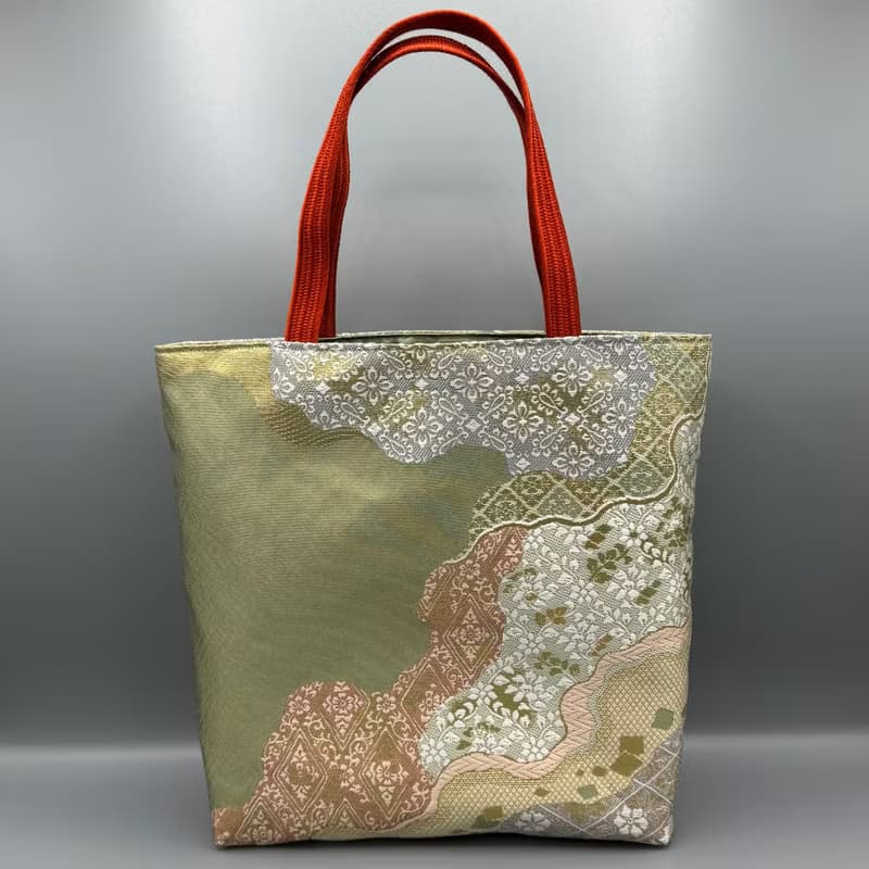 着物 帯 帯締め ハンドメイド トートバッグ リメイク 緑 金 ピンク