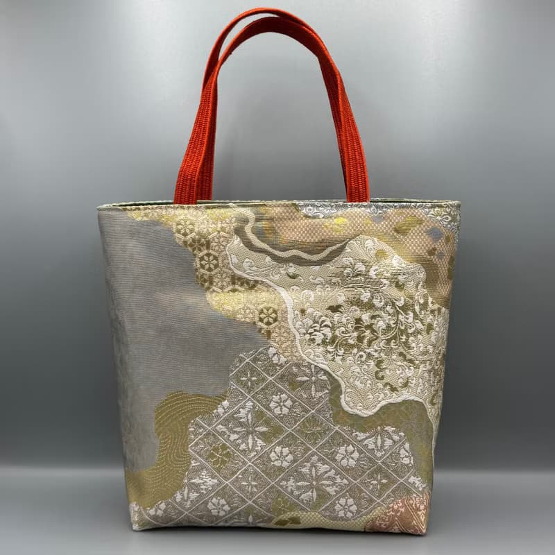 着物 帯 帯締め ハンドメイド トートバッグ リメイク 緑 金 ピンク