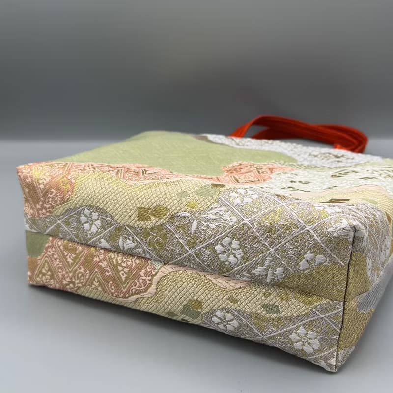 着物 帯 帯締め ハンドメイド トートバッグ リメイク 緑 金 ピンク