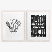 Gallery wall set of 2 Black utensils pattern Happy kitchen sign Linocut print