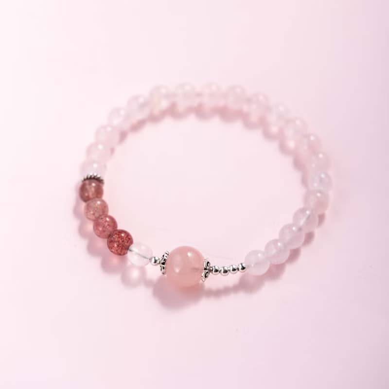 粉水晶草莓晶925純銀手鍊 | 天然水晶手鍊禮物