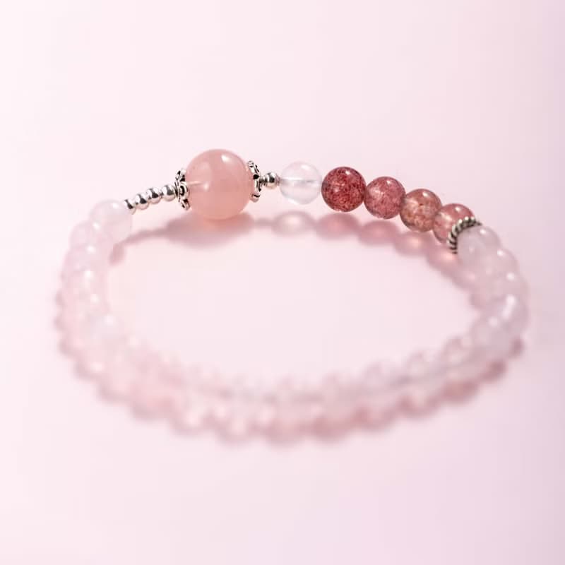 粉水晶草莓晶925純銀手鍊 | 天然水晶手鍊禮物