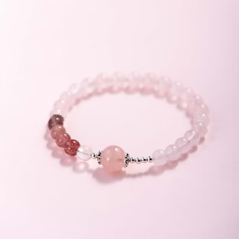 粉水晶草莓晶925純銀手鍊 | 天然水晶手鍊禮物