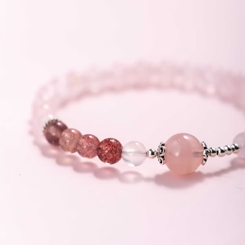 粉水晶草莓晶925純銀手鍊 | 天然水晶手鍊禮物