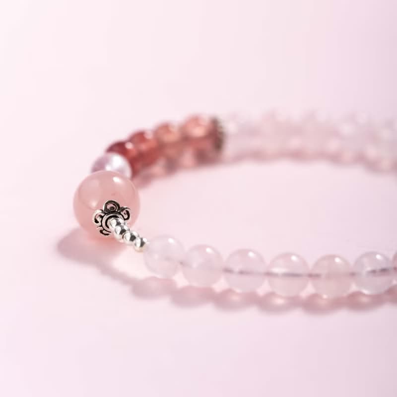 粉水晶草莓晶925純銀手鍊 | 天然水晶手鍊禮物