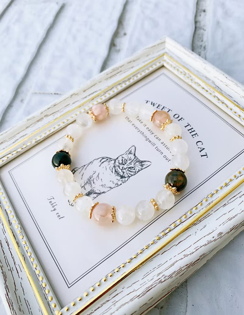 藍暈白月光石/粉櫻花瑪瑙/綠髮晶 手作設計款能量水晶手鍊